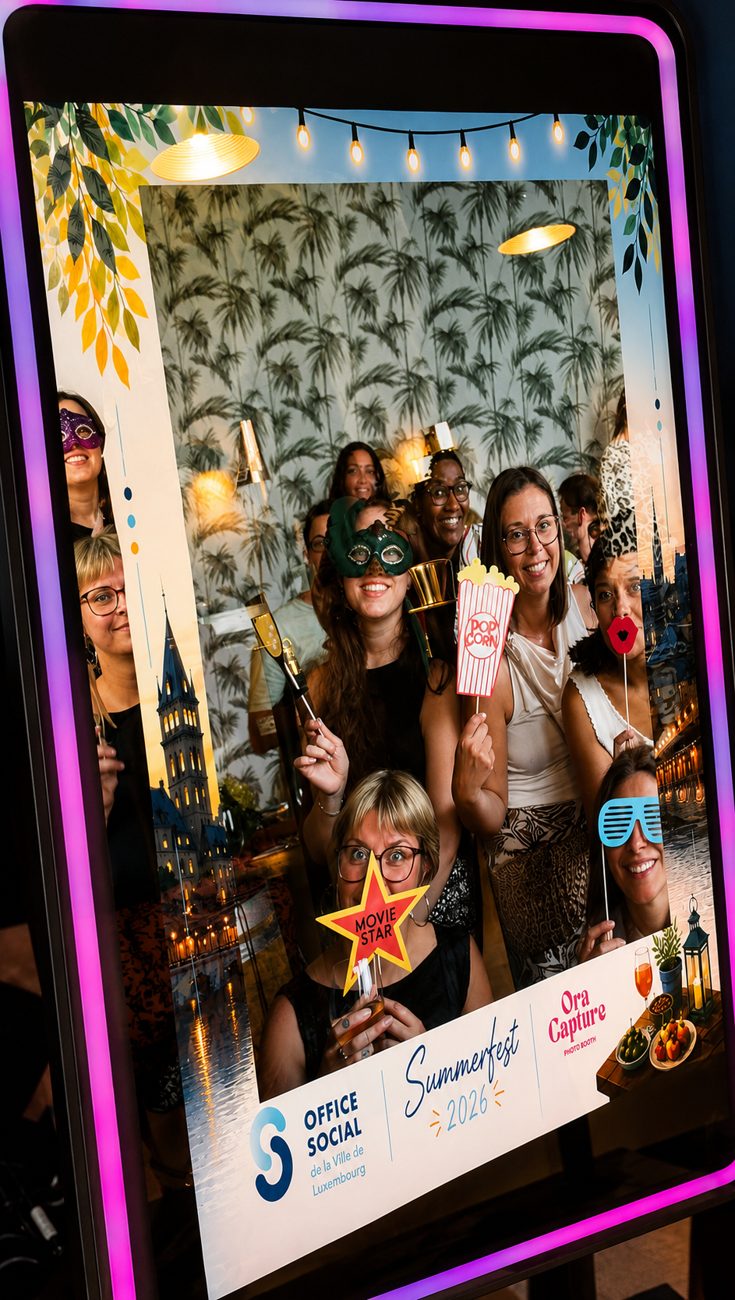 Invités avec accessoires dans le cadre photo personnalisé Office Social Summerfest 2026